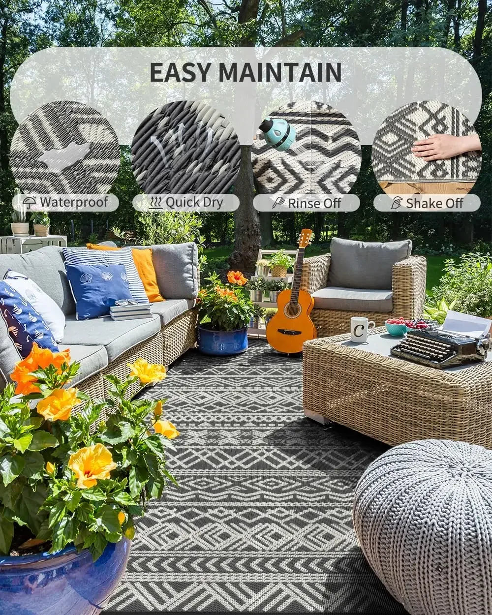 Outdoor Waterproof Reversible Patio Rug - 9 x12 ft