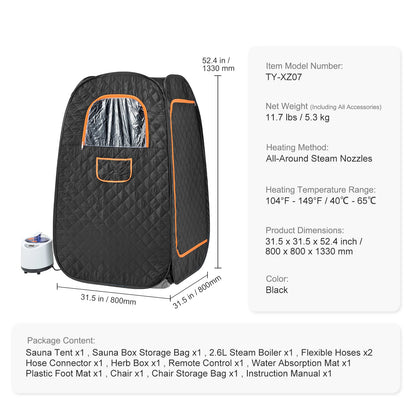 VEVOR Compact Portable Steam Sauna Tent 1200 Watt Home Therapeutic for Detox Relaxation Time Remote Control Personal for Home